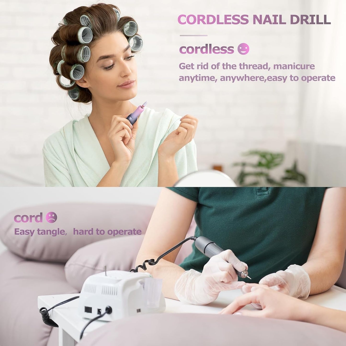 Electric Nail Files Cordless, Professional Nail Drill LCD Display with 12 Bits 30000RPM Rechargeable Manicure Pedicure EFile for Gel Nail Polish Acrylic Nails Thick Toenails Removal, Grey Pink