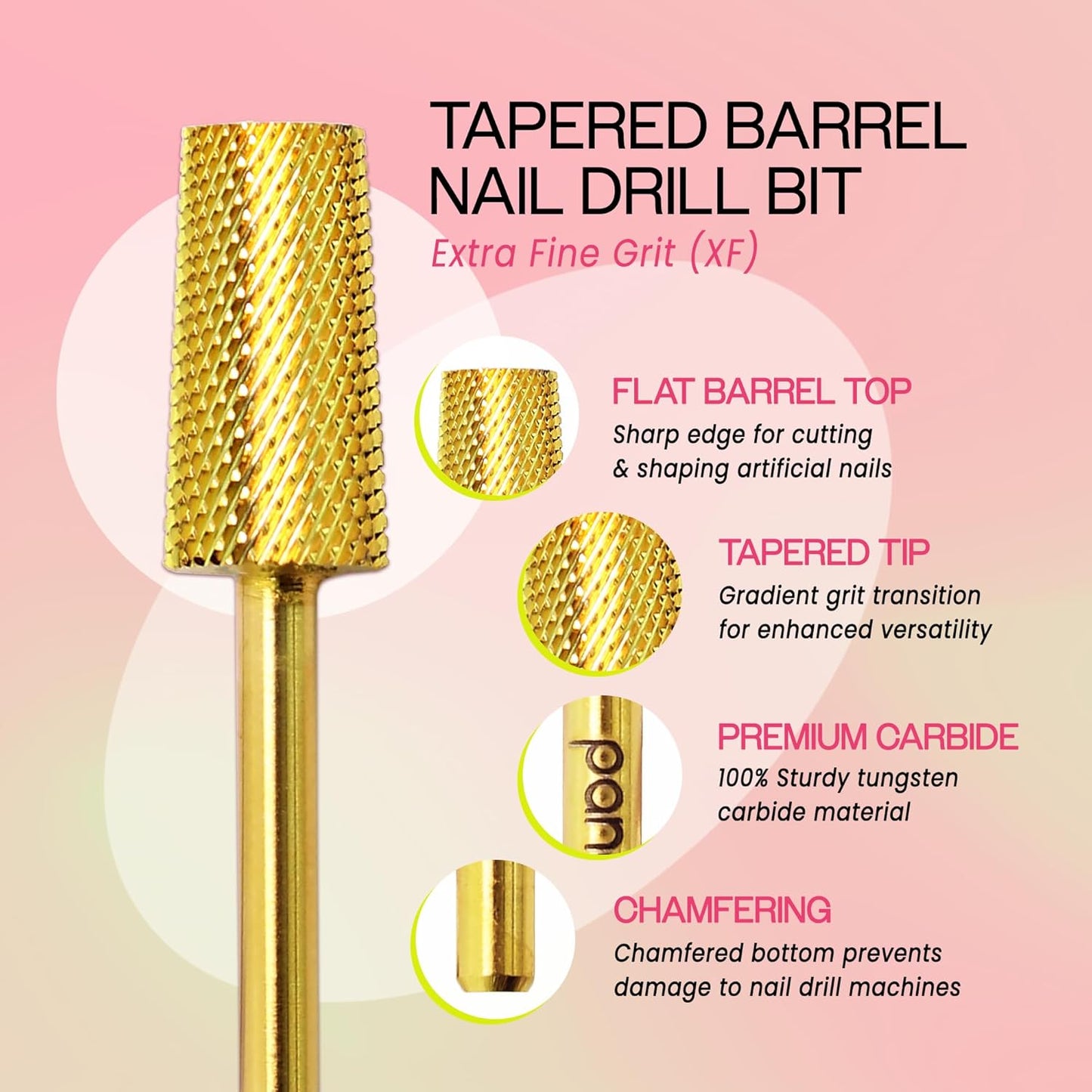 Premium Pana 3/32" Tapered Barrel Carbide Nail Bit -For Electric Dremel Drill Machine, Nail Art Design, Manicure, Pedicure, Nail File, Cuticle Clean etc. (Extra Fine Grit- Gold)