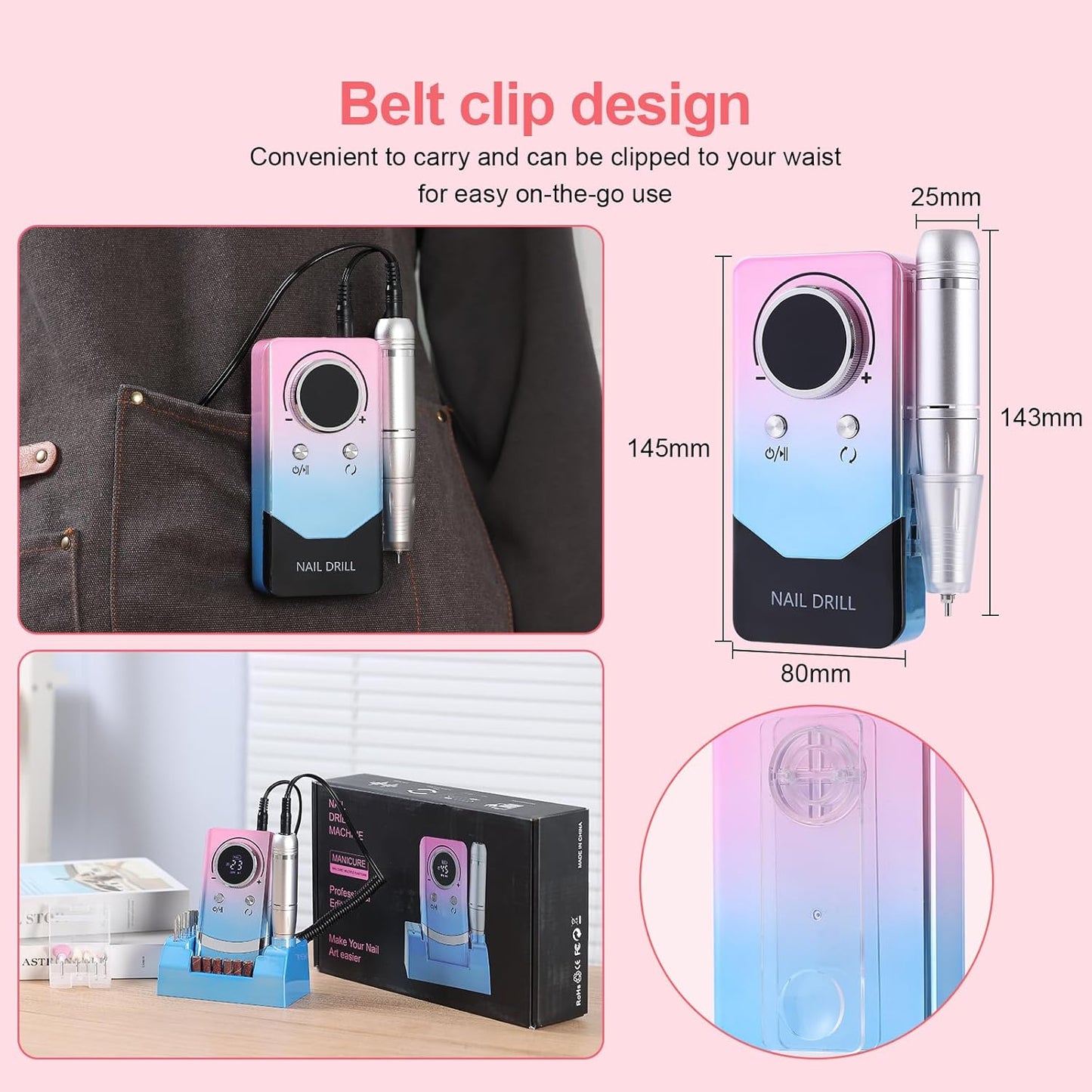 Electric 45000RPM Nail Drill Machine Rechargeable Portable Nail File Electric DIY Nail Drill Kit with Smart LCD Screen for Gel Nail Manicure and Pedicure Reflective Body etc (Gradient)