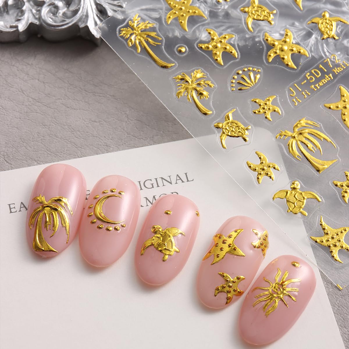 Summer Nail Art Stickers Decals Palm Tree Starfish 5D Embossed Nail Decals 2PCS Golden Coconut Tree Turtle Moons Summer Nails Design Adhesive Sticker Nail Art Supplies for Women Manicure Decorations