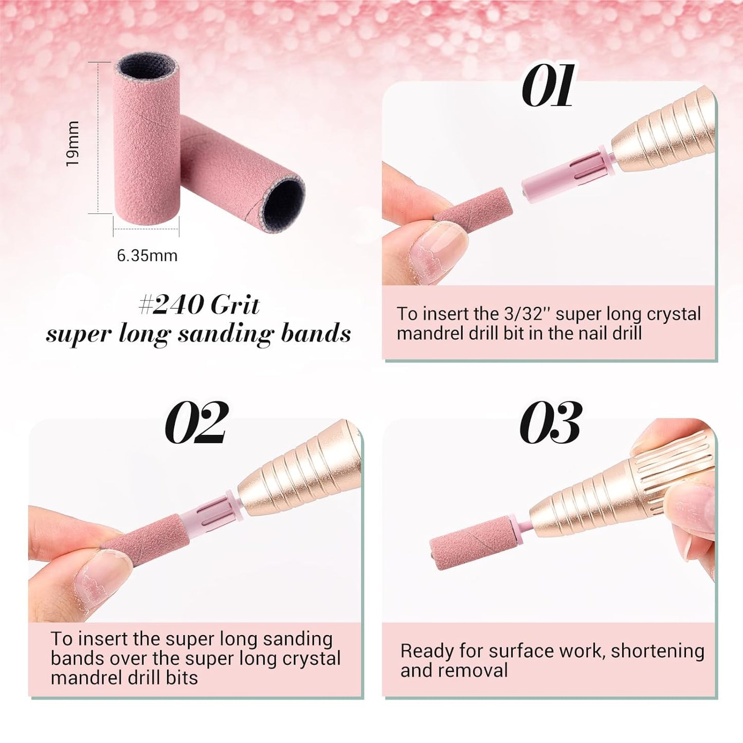 MelodySusie 50 Pcs Nail Drill Bits Super Long Sanding Bands with 6.65mm Crystal Mandrel Bit, 240 Extreme Fine Grit Nail File for Acrylic Nails Gel Manicures and Pedicure, Pink