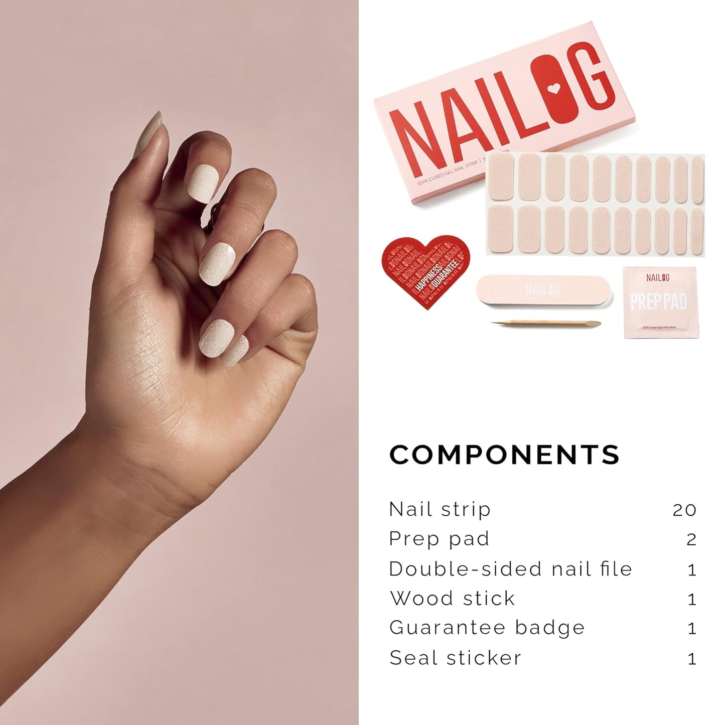 NAILOG Gel Nail Polish Strips, 20 Extra Long Semi Cured Nail Strickers | Glossy and Long Lasting Gel Nail Strip with Soft Gel Finish | Glimmer