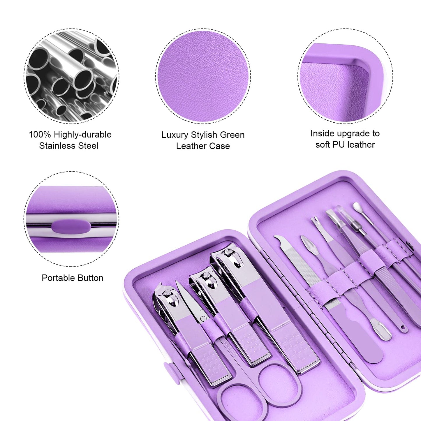 Manicure Set, Travel Mini Nail Clippers Kit Pedicure Care Tools, 10pcs Stainless Steel Grooming kit (Violet)