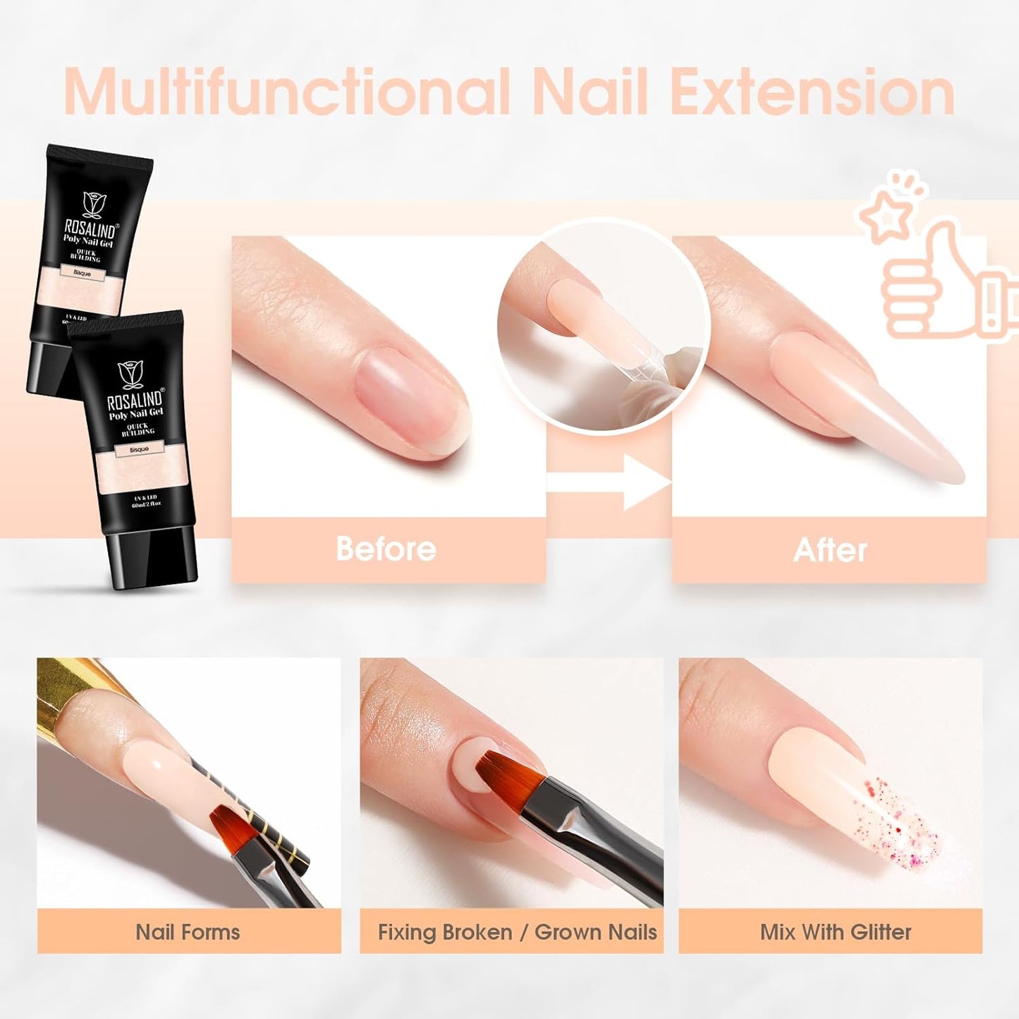 ROSALIND Nude Poly Extension Gel, 60ml Light Nude Poly Nail Gel Builder for Nail Art Decoration,Nail Thickening Extension Easy to DIY Use at Home Need UV Lamp