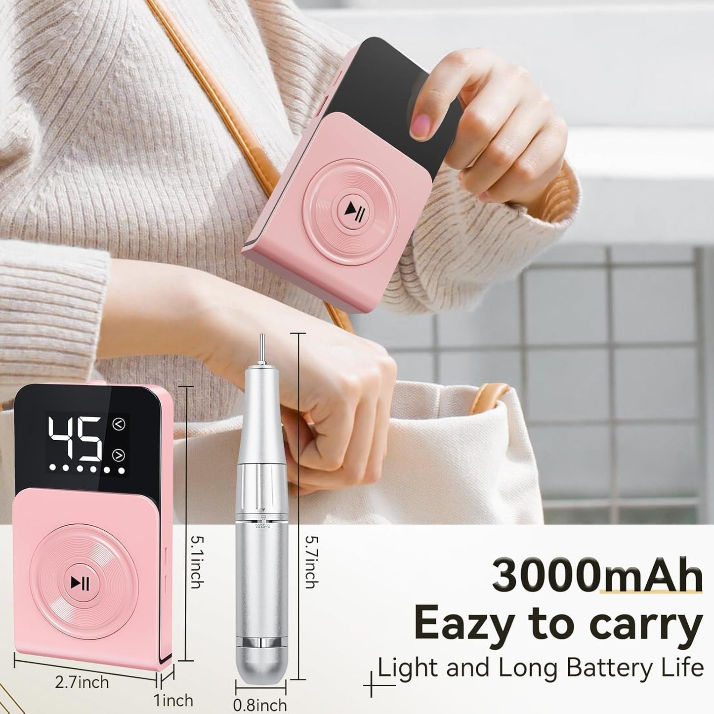 Cadrim Portable Electric Nail Drill Professional 45000 RPM, 2025 Upgrade-Speed Control Disc, Rechargeable Electric Nail File for Acrylic Gel Nails, Pink Cordless Nail Drill Kit for Salon Home