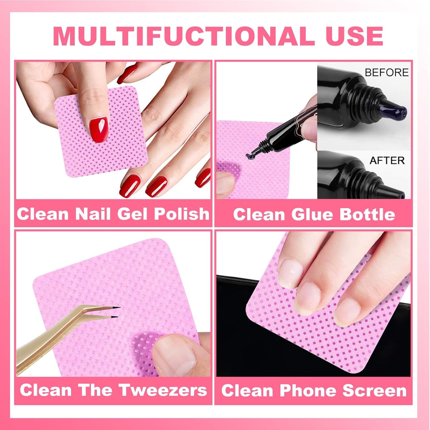 NXJ INFILILA Lint Free Nail Wipes, 400PCS Nail Polish Remover Wipes Super Absorbable Soft Lint Free Cotton Pads Lash Extensions Glue Nails Cleaning Pads for Salon Supplies