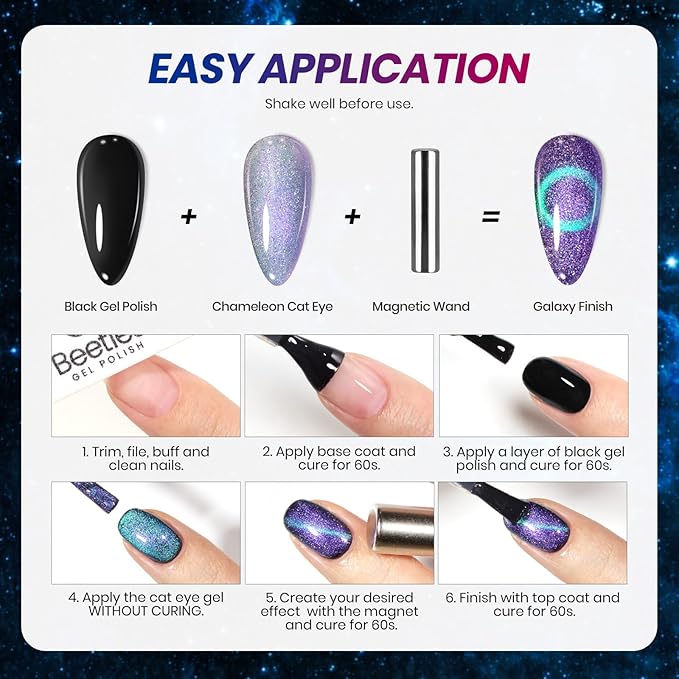Beetles Cat Eye Gel Nail Polish Set - 6 Colors Chameleon Cat Eye Black Glitter Blue Pueple Pink Red Gel Polish with Magnet Soak Off UV Velvet Gel Galaxy Glitter Collection Salon Gift for Women