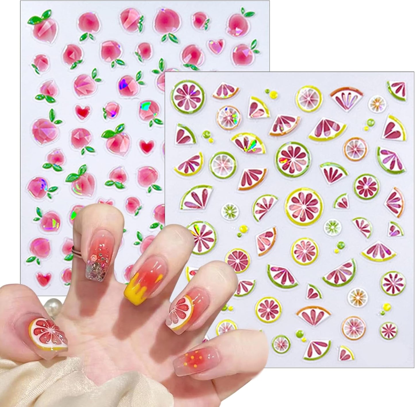 6 Sheets Summer Fruit Nail Art Stickers Decals 5D Jelly Embossed Fruit Shell Light Nail Stickers Lemon Kiwifruit Exquisite Design Summer Nails Decals Manicure Supply for Women DIY Nail Decorations
