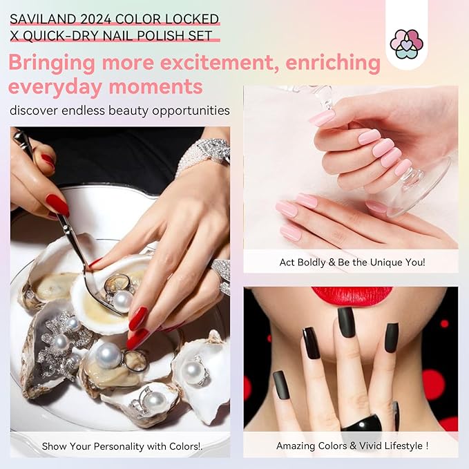 SAVILAND Finger Nail Polish Set: 6pcs Classic Quick Dry Nail Polish Kit Color Locked X Tech White Black Red Pink Brown Bulk Toenail Polish Castor Oil Nail Lacquer Salon Tech Manicure Pedicure Home