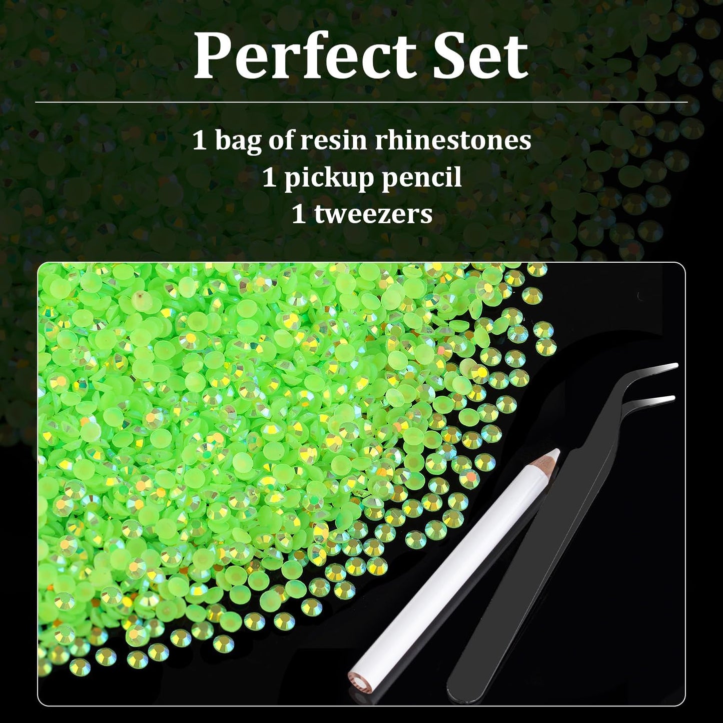 8000pcs 3mm Resin Rhinestones Bulk, Fluorescent Green AB Flatback Round Jelly Rhinestones Non Hotfix Crystal Gems Large Quantity Wholesale for DIY Crafts Clothes Face Makeup Manicure