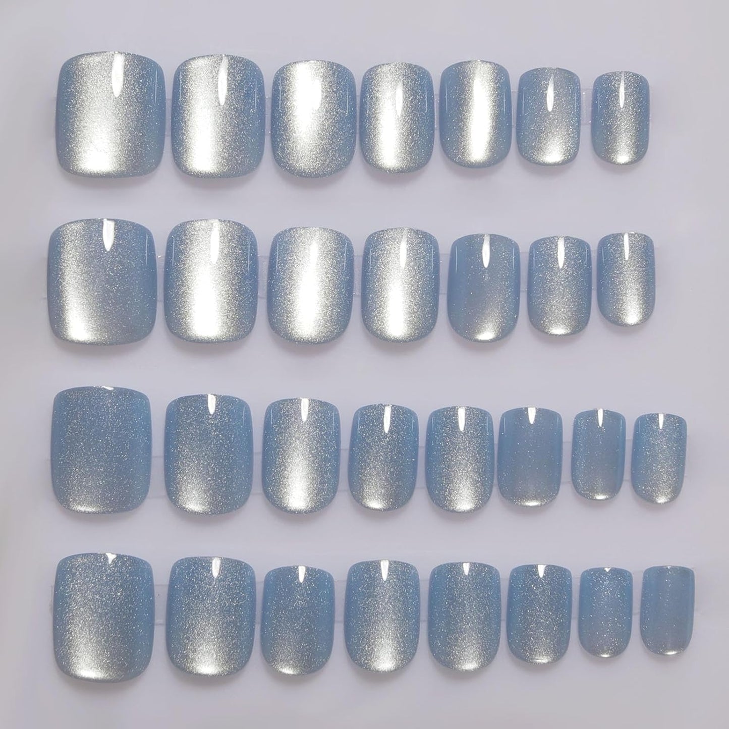 Light Blue Press On Nails Square – Short Cat Eye Fake Nails with Color-Shifting Glow, Reusable Stick On Nails, 15 Sizes, 30 Nail Kit with Glue, Thick Glue On Nails for Women, M2-Aurora Mist