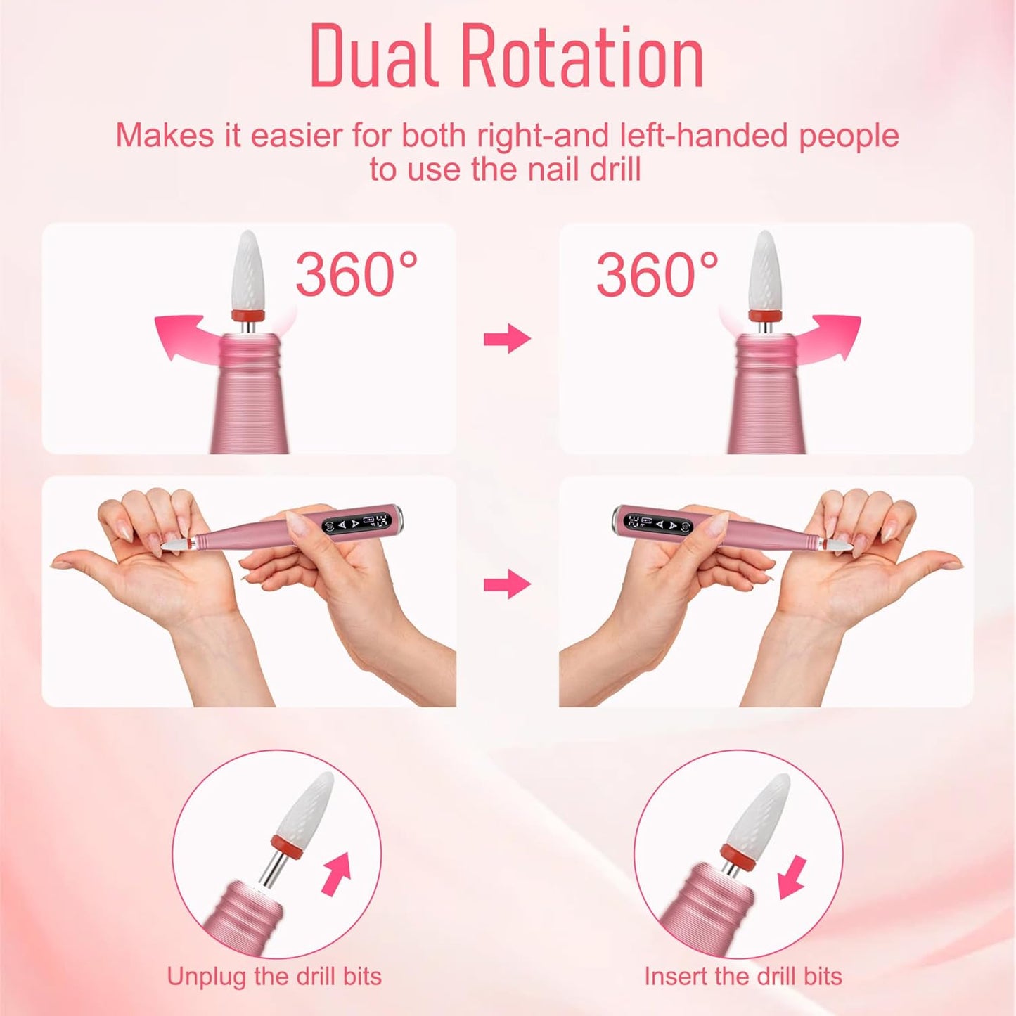 Nail Drill File Electric, 2-in-1 Touch Rechargeable Drill Nail, Cordless Manicure Pedicure Tools Polishing Machine Kit for Acrylic Gel Dip Powder with Nail Drill Bits Sanding Bands (A-105 Pink)