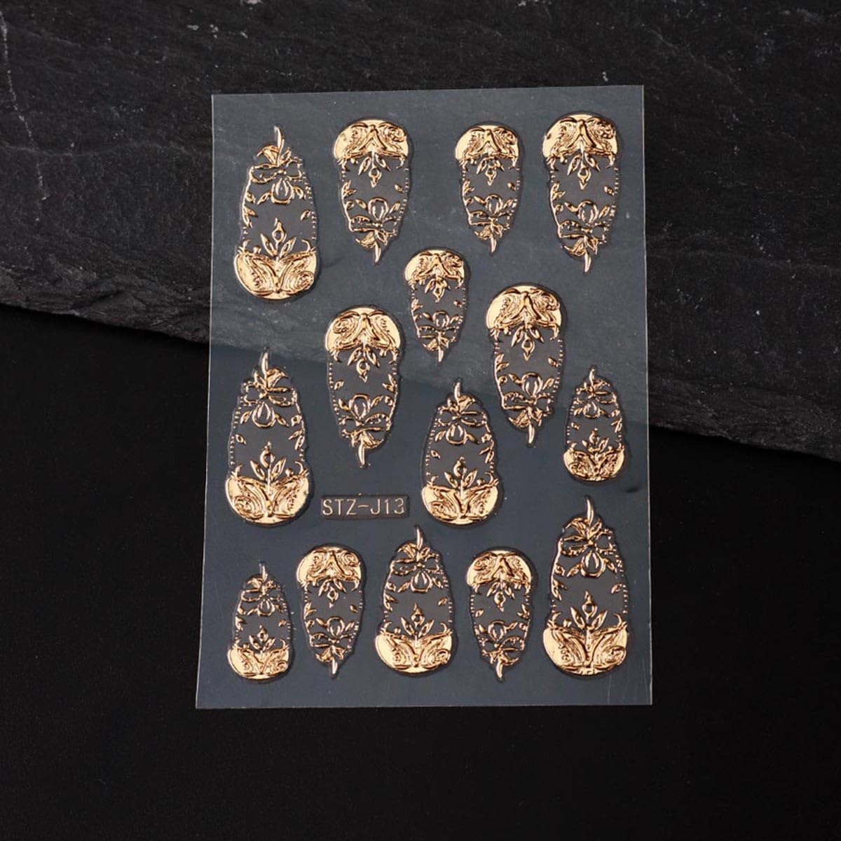Gold Nail Art Stickers 3D Self-Adhesive Golden Foil Leaf Nail Decals Nail Art Supplies 3PCS Metallic Totem Leaves Summer Nails Design Embossed Sticker Manicure Sliders for Women DIY Nail Decorations