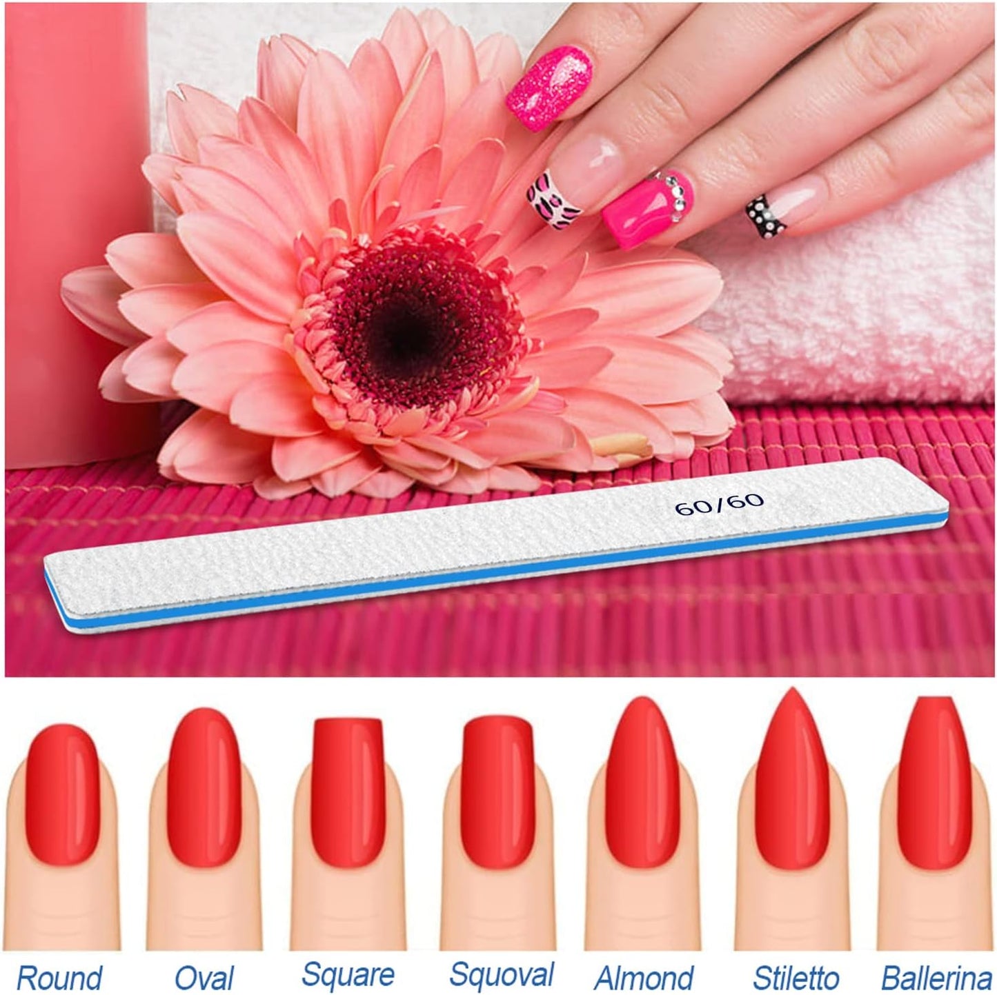Nail Files-Nail File for Acrylic Nails 12pcs, 60/60 Grit Nail Files Emery Boards for Acrylic Nails, Jumbo File Washable Thick Professional Square Nail File Manicure Tools for Nail Tech