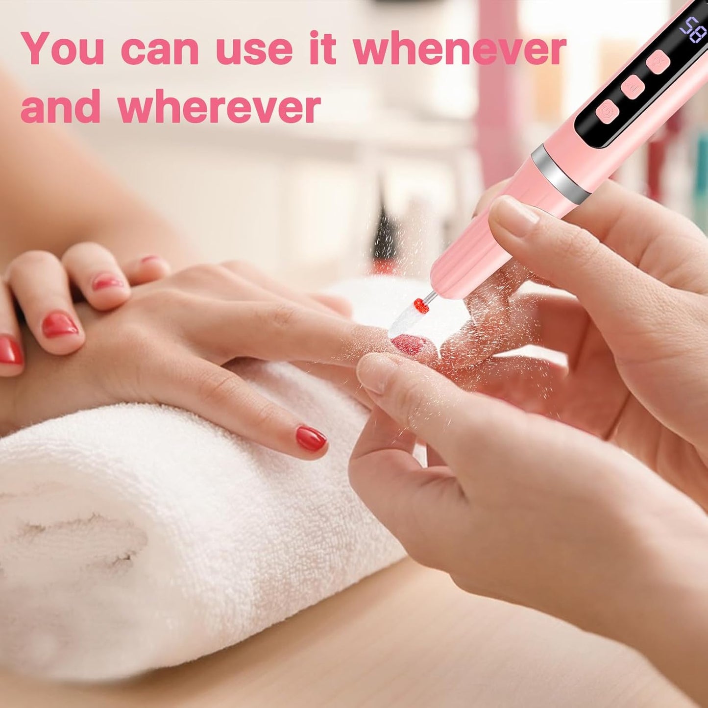 Cordless Electric Nail Drill Kit with Built-in UV Lamp, 2-in-1 Multi-Function Efile with Adjustable Speed & LCD Display, Quiet Portable for Acrylic/Gel Rechargeable Nail File Manicure Pedicure(Pink)