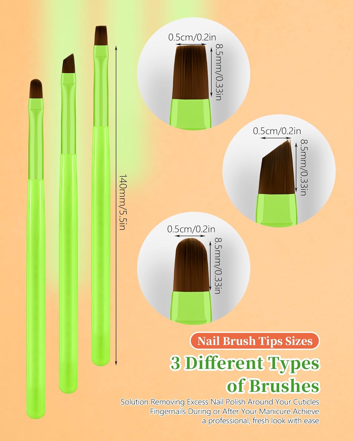 3PCS Nail Polish Clean Up Brush, Round&Falt&Angled Acetone Resistant Nail Brush for OPI Nail Polish Remover, Fingernail Cleaning Brushes at Home Nail Art and Designs(Bright Green)