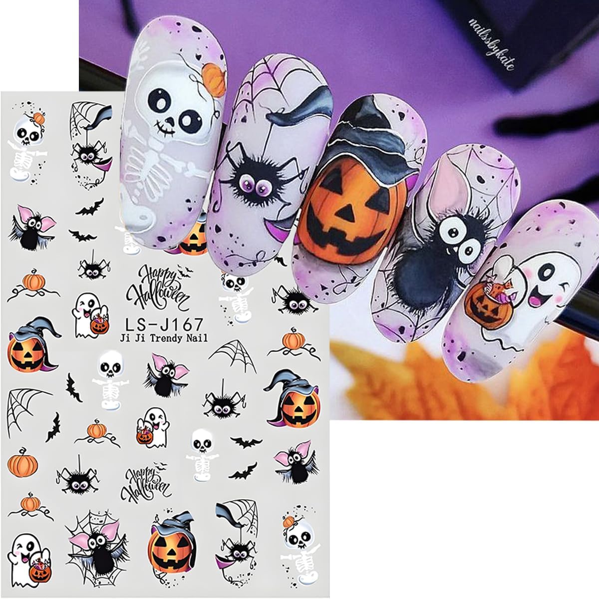 Halloween Nail Art Stickers Decals 3D Pumpkin Ghost Nail Decals 6PCS Skull Ghost Virus Leaf Bat Halloween Nails Design 3D Self-Adhesive Nail Art Supplies Manicure Sticker for Women Holiday Decoration