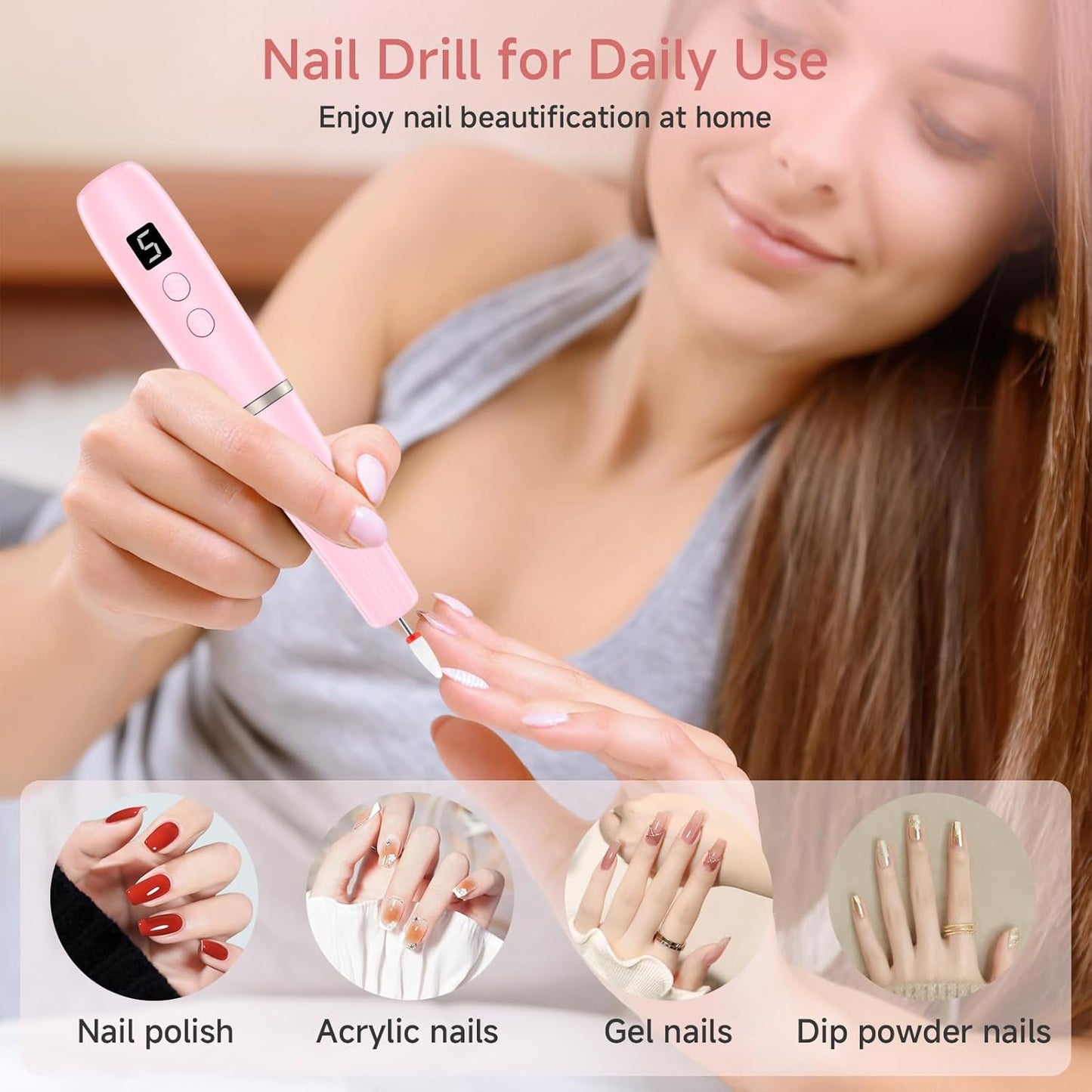 Electric Nail Filer, Professional Nail Drill Kit, Electric Nail Drill Kit, Portable File for Acrylic Gel Nails, Cordless Nail File Electric Manicure Pedicure Tools with Drill Bits for Home Salon
