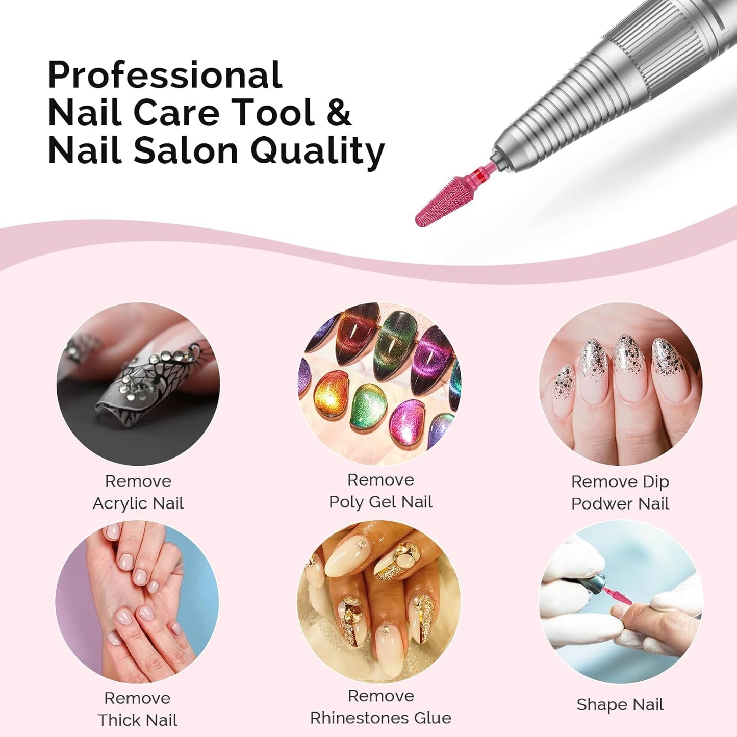 MelodySusie Professional Tornado Nail Drill Bits, 3/32'' Carbide Tungsten Multi-function Bits, Suitable for Manicure Pedicure Cuticle Gel Polishing, Salon Bits, Pink Blossom, Series Bit-X, Fine