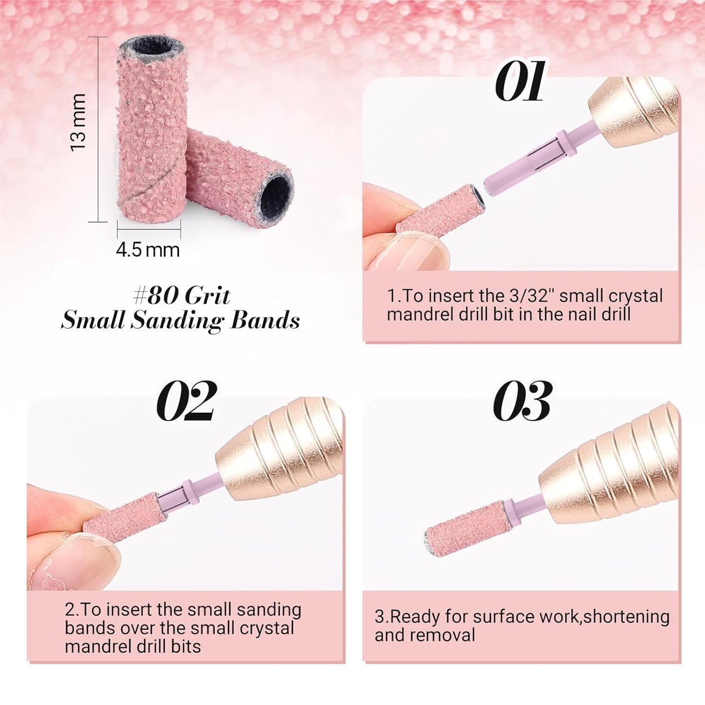 MelodySusie 50 Pcs Nail Drill Bits Small Sanding Bands with 3.1mm Mandrel Bit, 80 Coarse Grit Nail File for Acrylic Nails Gel Manicures and Pedicure, Pink