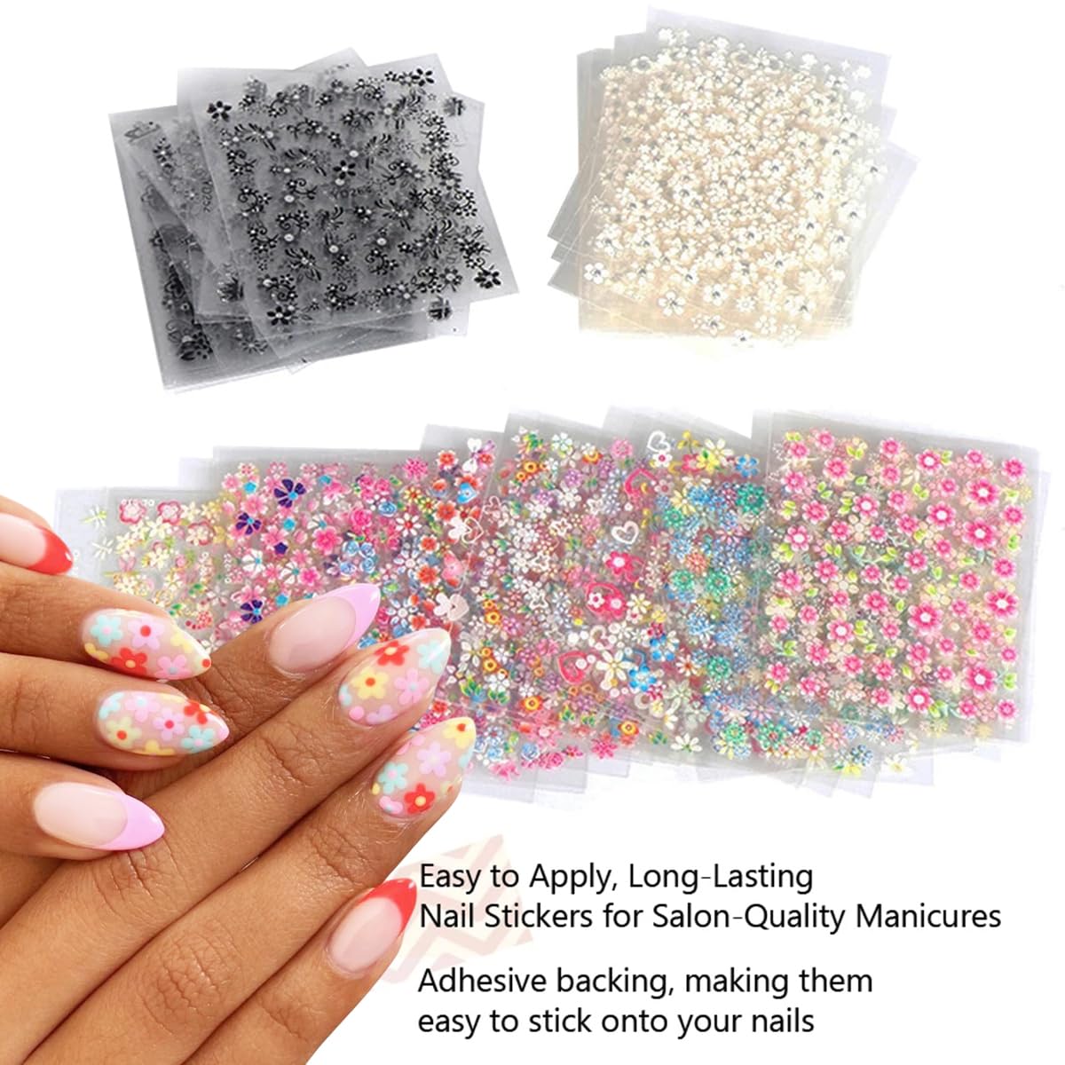 30 Sheets Flowers Nail Art Stickers Cute Daisy Floral Design Decals 3D Self-Adhesive White Black Colorful Flower Nail Stickers Decoration for Women Girls Acrylic Nail Supplies Accessories