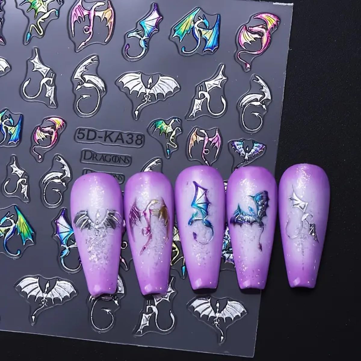 Halloween Nail Stickers 5D Dragon Nail Art Stickers 2PCS Laser Silvery Flying Devil Bat Nails Design Embossed Nail Decals Flying Dragon Manicure Sticker Supply for Women Nail Art Decorations