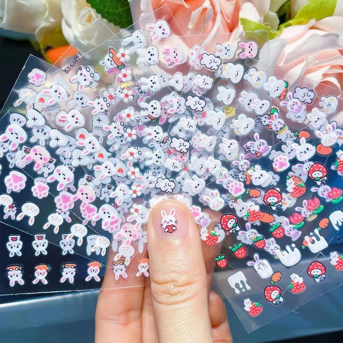 30 Sheets Cute Bunny Nail Art Stickers Set Easter Nail Sticker 3D Cats Paw Design Stickers Self-Adhesive Cartoon Nail Supplies Rabbit Cherry Cat Claw Nail Decorations for Women Girl