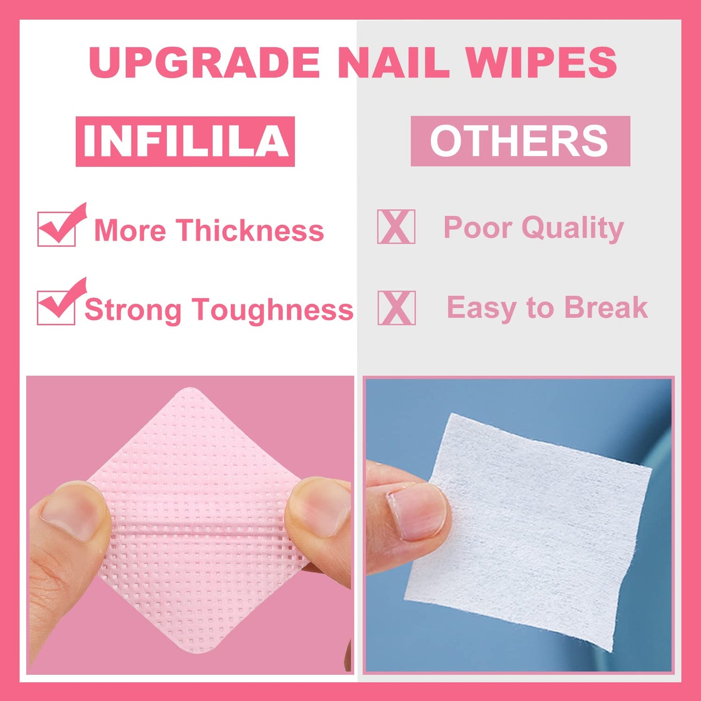 NXJ INFILILA Lint Free Nail Wipes, 540PCS Non-Woven Fabric Dry Nail Prep Wipes, Absorbent Acetone Nail Polish Remover Lash Extensions Glue Nail Cleaning Pads for Salon Supplies(Pink)