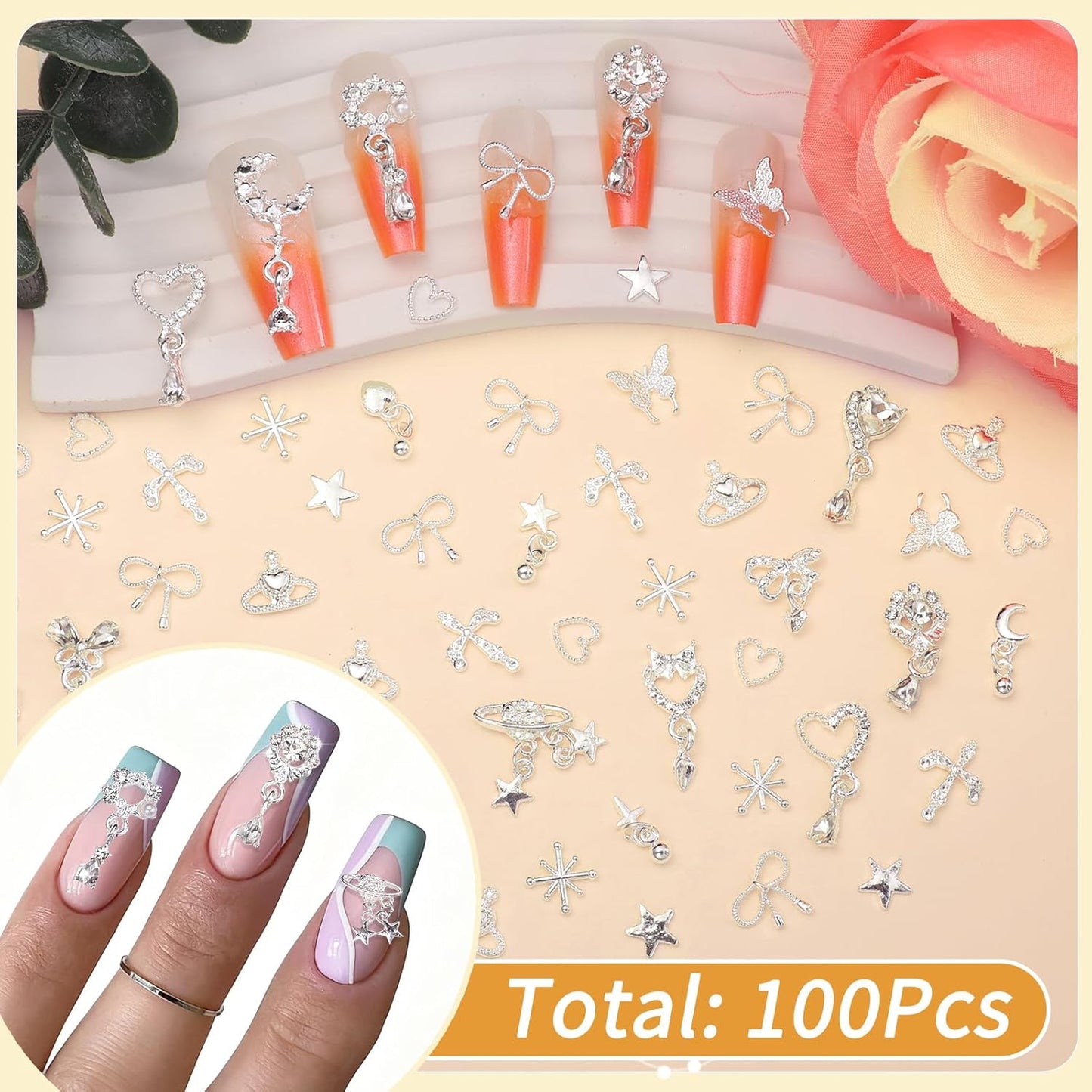 100Pcs Dangle Silver Nail Charms and Gems, Cross Star Heart Crown Planet Bows Butterfly Nail Gems Charms Silver Nails Art Supplies for Women DIY Accessories