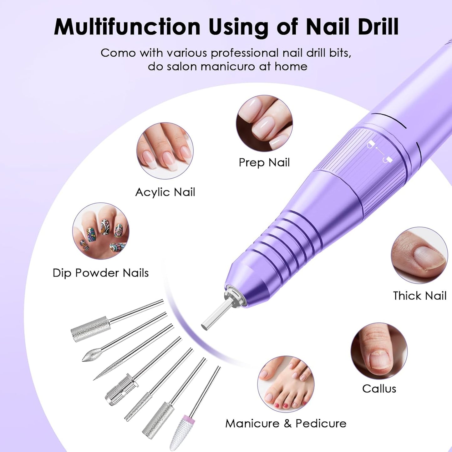 Professional Electric Nail Drill File, HUGMAPLE 45000RPM Portable E-File Machine with Bits & Base, Cordless Rechargeable Nail Drill Kit for Shaping, Removing & Polishing Gel Nails Salon Home (Purple)