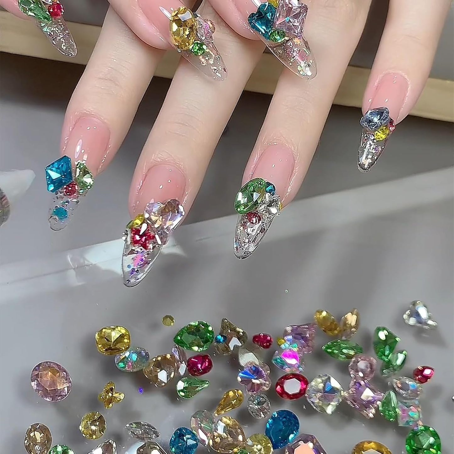 50Pcs Summer Color Pointed Bottom Special-Shaped Nail Art Charms Mixed Colored Diamond Candy Nail Art Diamond Nail Charms 3D Luxury Star Heart Jewelry Nail Art Supplies DIY Nails Crafts