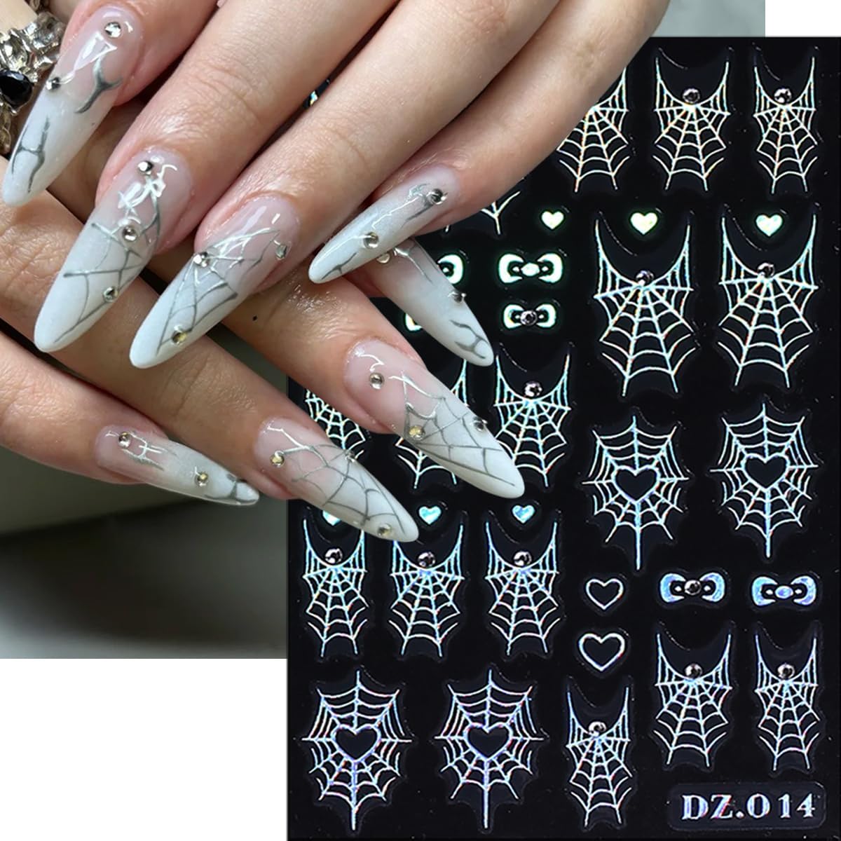 6 Sheets Halloween Scary Nail Stickers Gold Laser Silver White Nail Art Stickers Decals 3D Self-Adhesive Spider Web Bow Nail Decals for Women Halloween Party Nails Design Decoration Supplies
