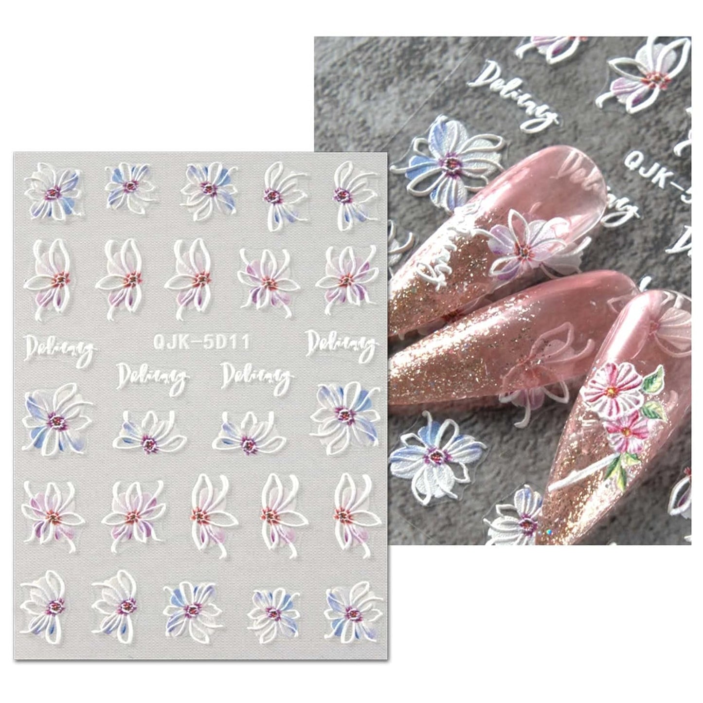 JMEOWIO 3D Embossed Spring Flower Nail Art Stickers Decals Self-Adhesive Pegatinas Uñas 5D Colorful Summer Floral Nail Supplies Nail Art Design Decoration Accessories 4 Sheets