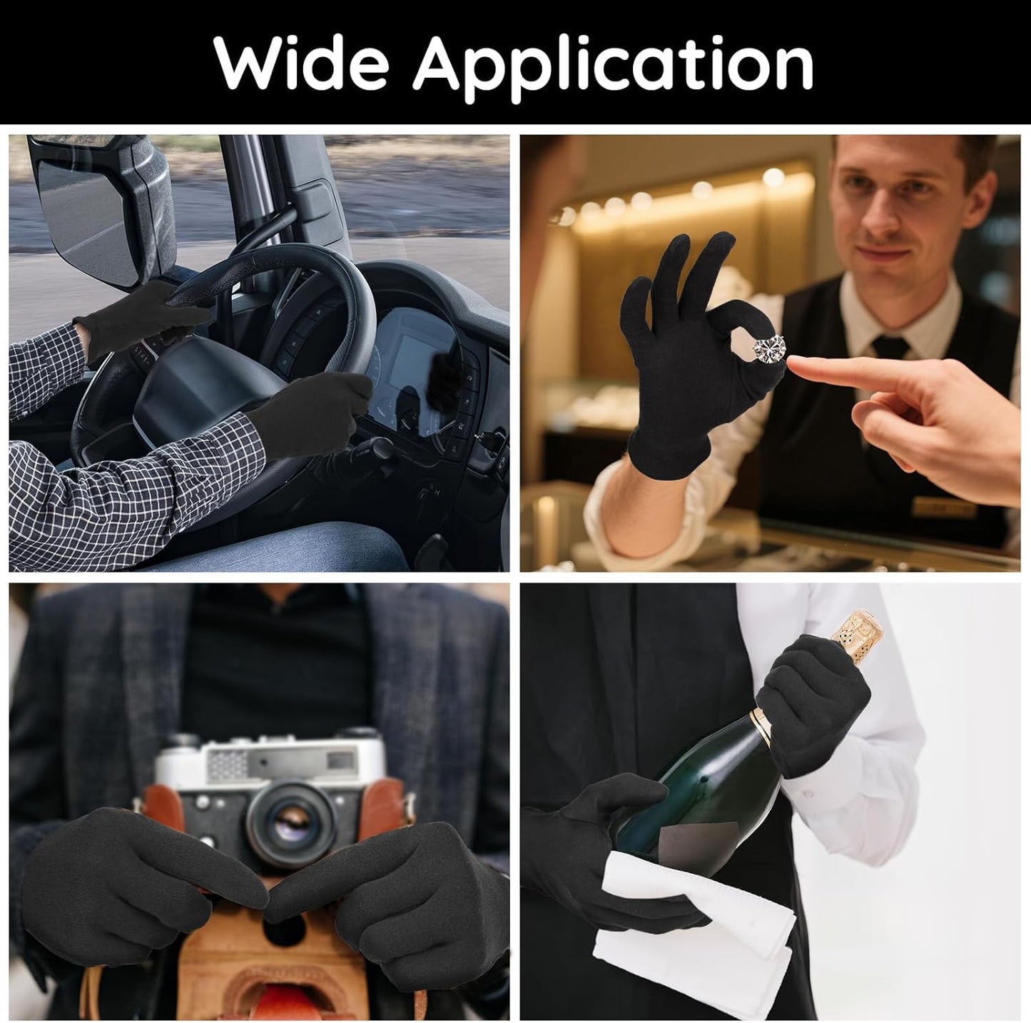 Segbeauty 8 Counts Elastic Black Cotton Work Gloves for Men, 4 Pairs Lotion Moisturizing Hand Cotton Gloves for Dry Hands Overnight Care with Elastic Band, Reusable Sleep Moisture Glove for Dry Hands