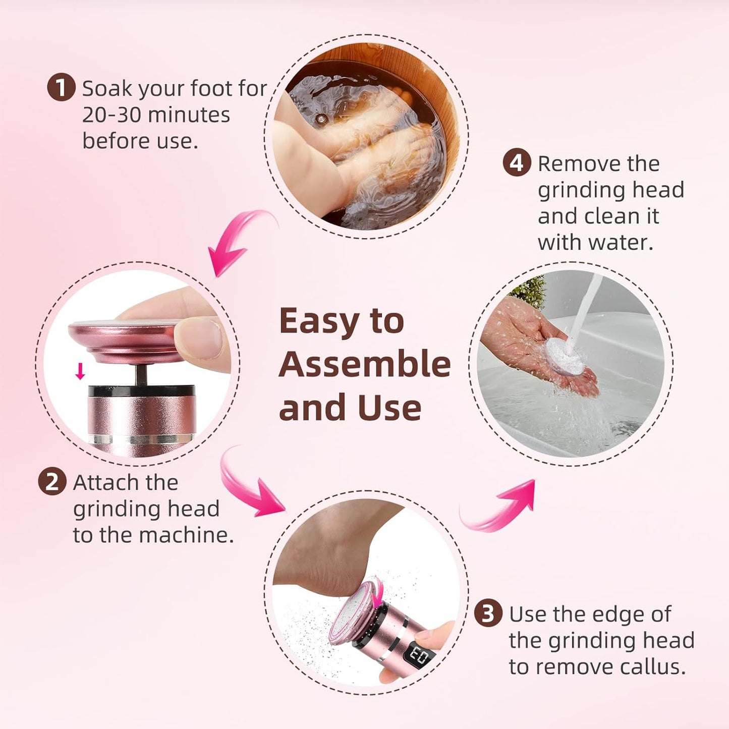 Electric Foot File Callus Remover - 3 Speeds & 4 Nano Glass Heads for Smooth Feet - Professional Pedicure Tool for Dead Skin, Hard & Cracked Heels - Rechargeable & Portable