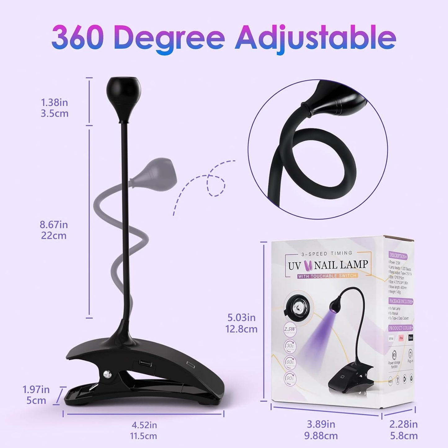 AORAEM UV Nail Lamp 3W Rechargeable Gooseneck UV Light for Gel Nails Touch Flash Cure Lamp Nail Dryer with Clamp, Portable LED Gel Light 3 Level Timing Home Professional DIY Manicure Salon, Black