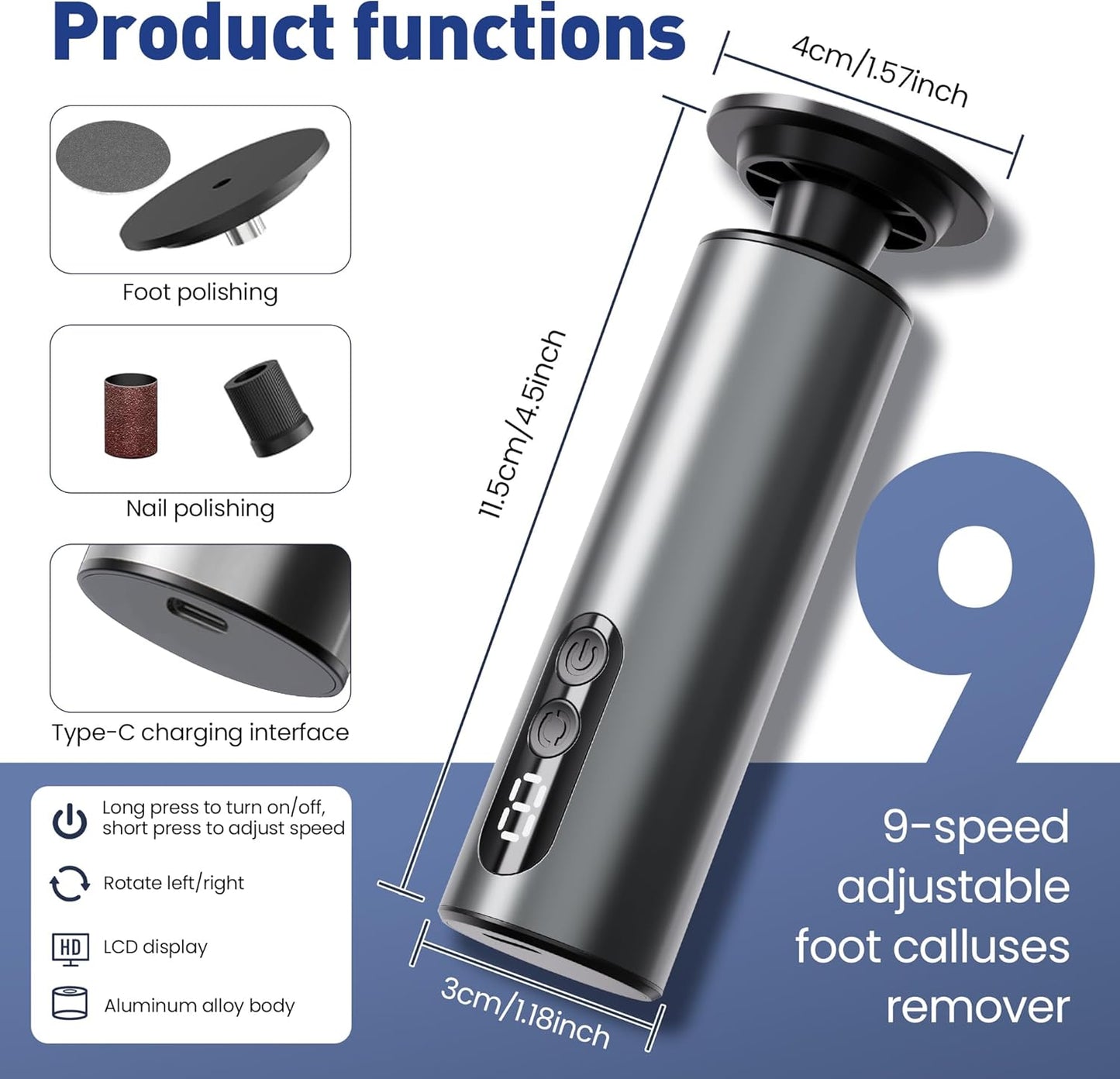 Electric Foot Callus Remover,2 in1 Rechargeable Callus Remover for Feet,9-Speed Cordless Electric Foot File Nail Grinder,Foot Scrubber Pedicure Tools for Dead Skin Dry Cracked Feet(Black MINI)