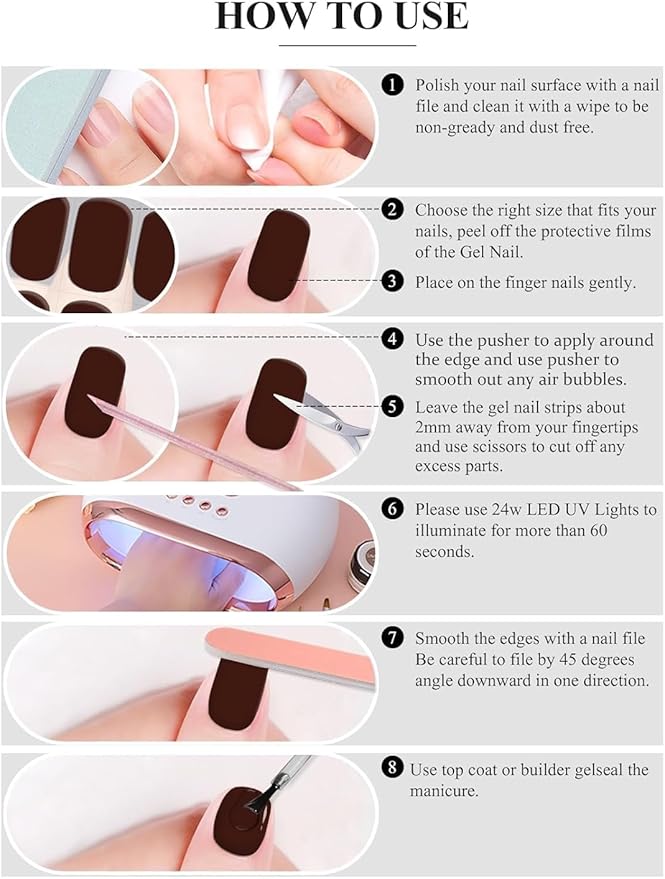 EBANKU 20Pcs Semi-Cured Gel Nail Strips for Women, Girl, Black Deep French Nail Sticker, Lasting Waterproof Full Wraps Stickers for Salon Manicures, Perfect with File and Stick