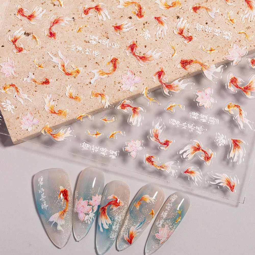 3 Sheets Goldfish Nail Art Stickers, 5D Embossed Cute Fish Nail Decals Self-Adhesive Chinese Style Nail Art Accessories for Women DIY Nail Decorations