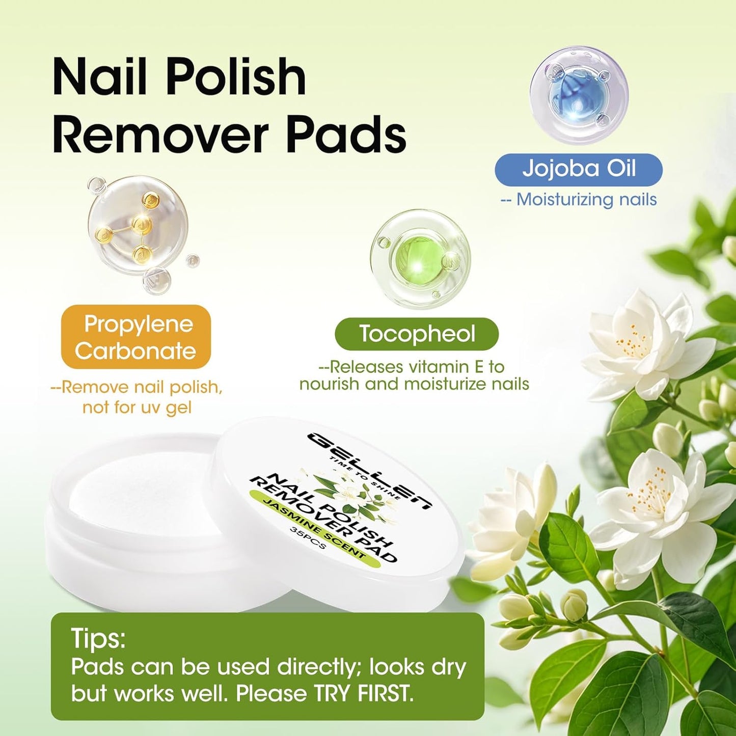 Gellen Nail Polish Remover, Dip Twist Sponge Nail Polish Remover Pot For Fingernail Toenail, Non-Acetone Fragrance Free, 5-9s Quick Removal, Jasmine Scent Non-drying Formula Shea Butter & Vitamin E