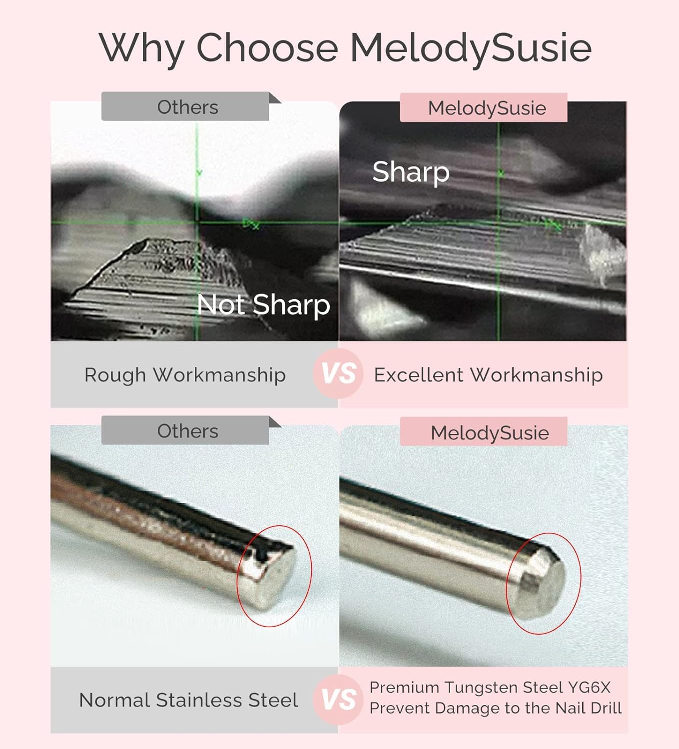 MelodySusie Super Long Mini Barrel Nail Buffer Bit, Professional Safety Carbide Nail Bit for Nail Bed File Cuticle Dead Skin Cleaning Nail Prepare, Two Way Rotate, Manicure Salon Supply, Rose Gold, C