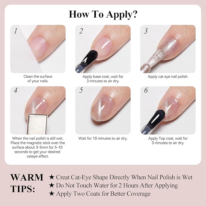 Cat Eye Nail Polish Quick Dry, Magnetic Cat Eye Polish Non Gel Sheer Glitter Color & Velvet Shine, No UV Needed - Perfect for Nail Art & Long-Lasting Wear
