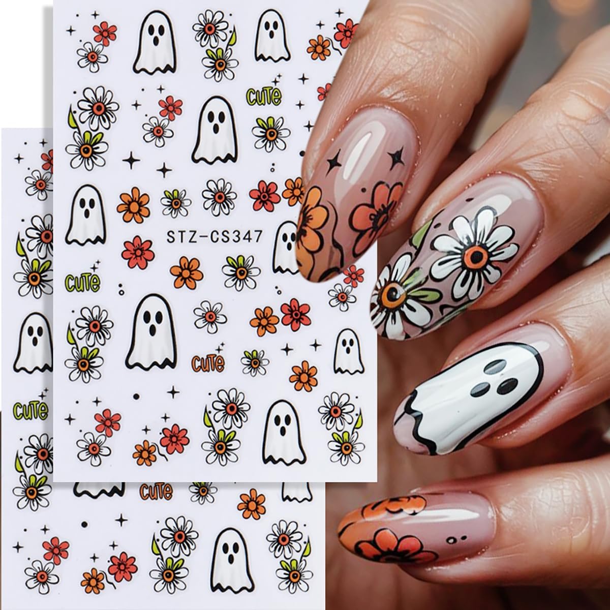 6 Sheets Halloween Nail Stickers Cute Ghost Pumpkin Nail Decals 3D Self-Adhesive Star Spider Bat Flowers Nails Stickers Fall Halloween Nails Art Supplies for Women Holiday DIY Manicure Decorations