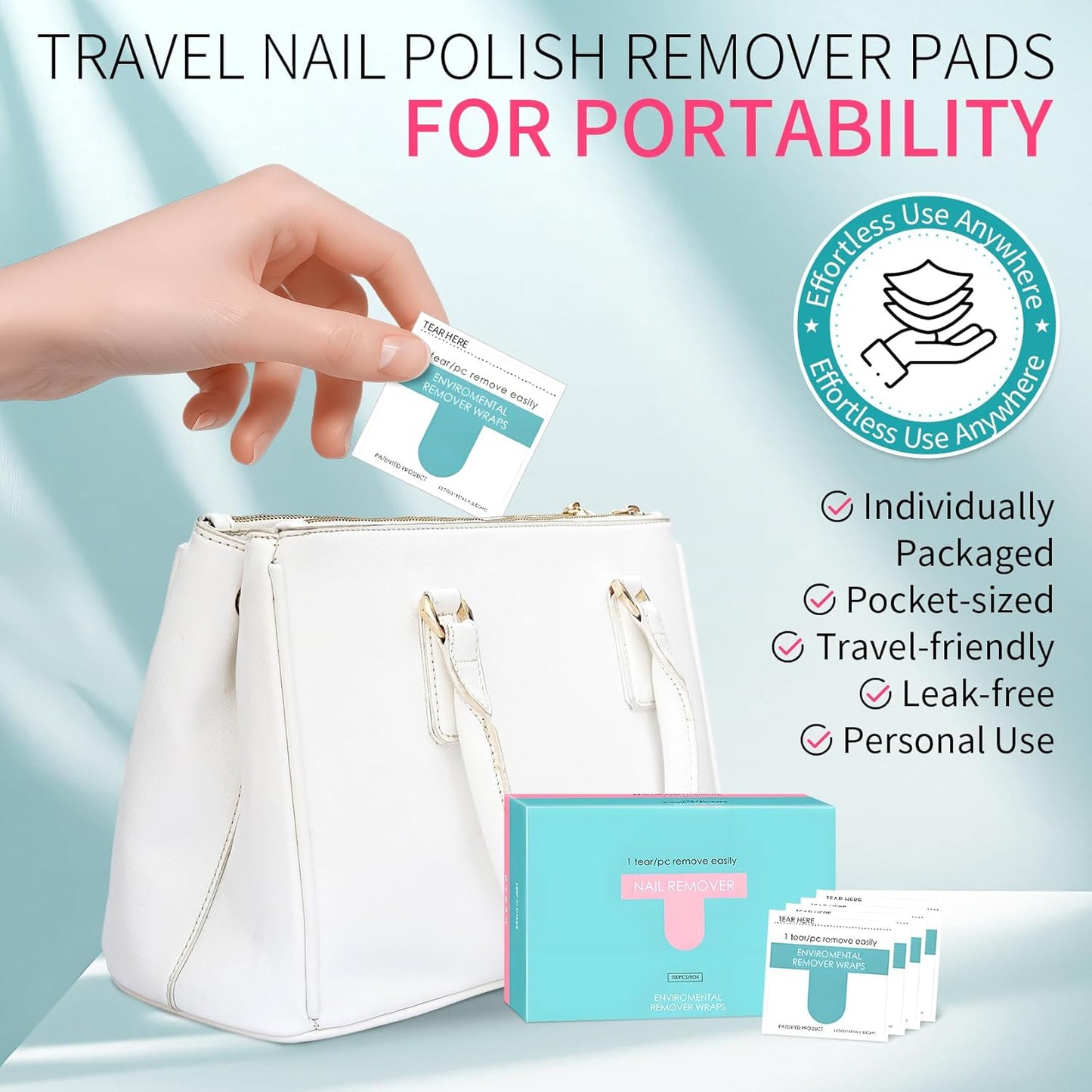 Nail Polish Remover Wipes,200 Pack Individually Nail Polish Remover Pads with Tools,Portable Fingernail Travel Kit,Quickly removedor de gel para uñas for Salon Home