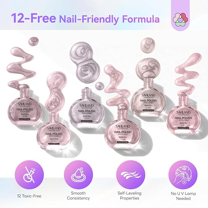 SAVILAND Color Artistry Cat Eye Nail Polish Kit: 6+1 Colors Quick-Dry Magnetic Sparkle Diamond Glitter Nude Pink Nail Polish Set with 3-in-1 Base Top Coat Cuticle Oil 12-Free Fingernail Polish Gift