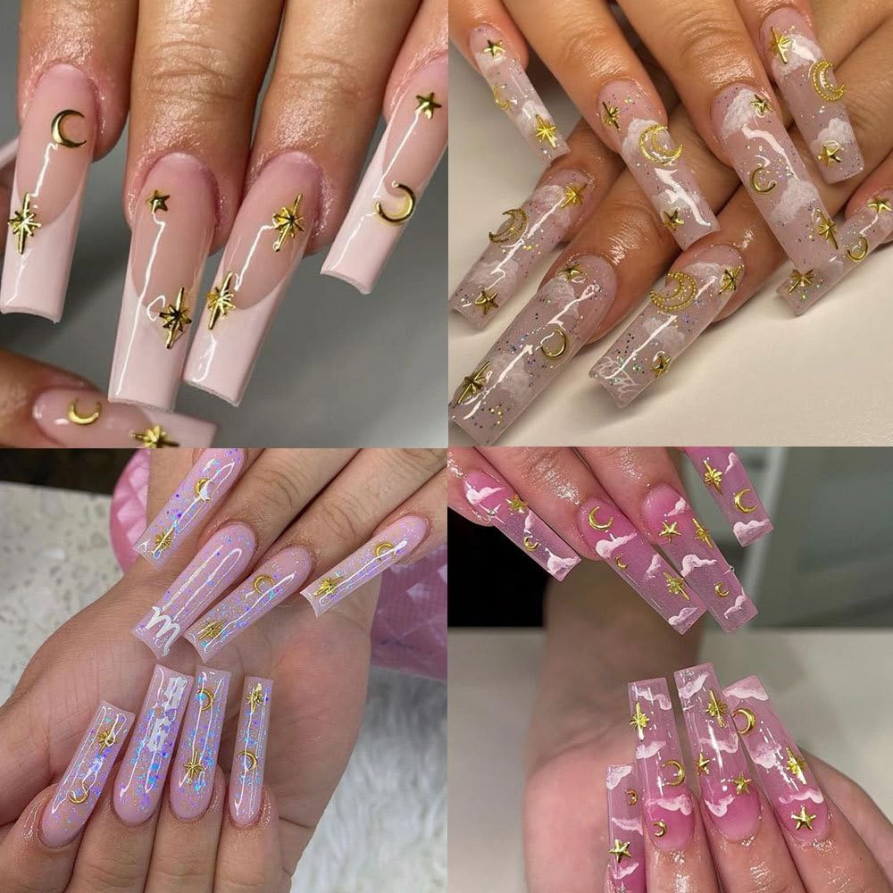 3D Star Nail Charms, Gold & Silver Multi-Shapes Metallic Nail Art Gems and Small Round Caviar Beads, Craft Jewels Nail Rhinestones Accessories Manicure Decor with Tweezers and Pick-up Pencil 4