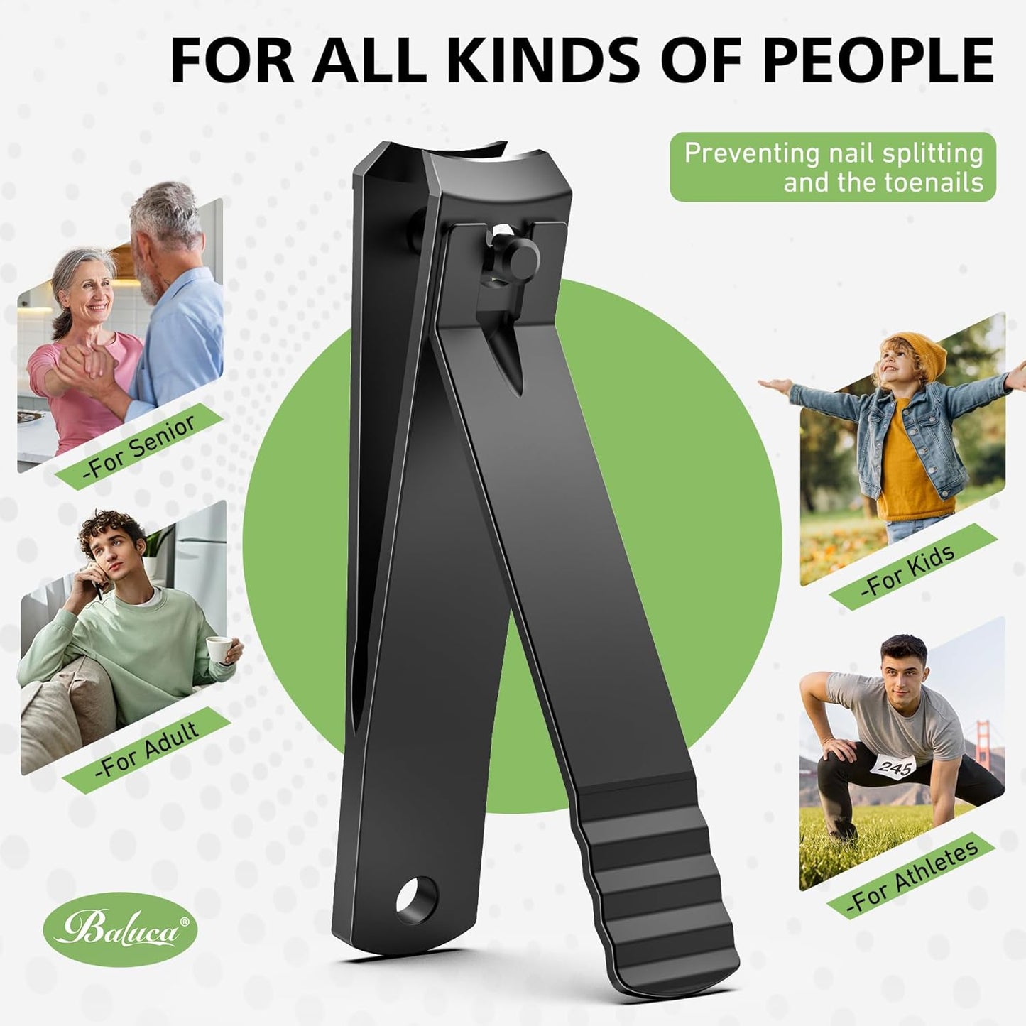 BALUCA Curved Toenail Clipper for Thick Nails, Heavy Duty Stainless Steel Toe Nail Clippers for Seniors, Men & Women, Stainless Steel Nail Cutter for Accurate Trimming and Grooming (All Black)