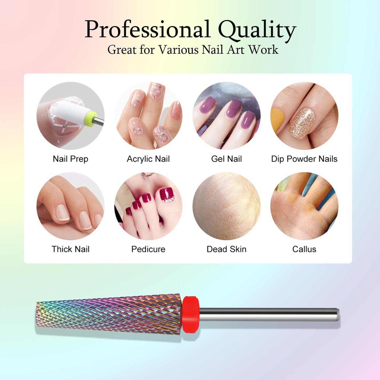 Super Long 5 in 1 Nail Drill Bits, Professional 3/32'' Carbide Tungsten Two Way Rotary Advanced Safety Bits, Fast Remove for Manicure Pedicure Cuticle Acrylic Nails(Rainbow, Fine-F)