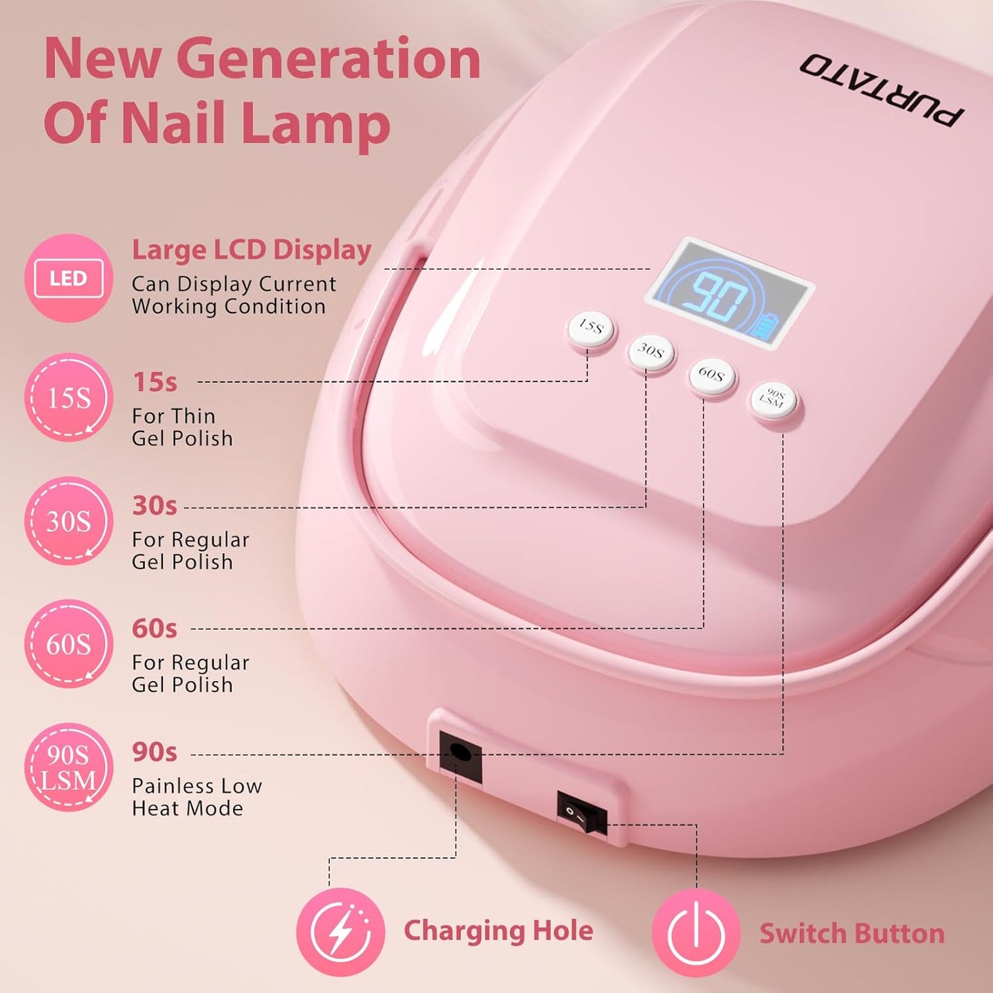126W Cordless Rechargeable UV LED Nail Lamp, Fast Curing Gel Nail Dryer with 4 Timers, Portable Professional Nail Light for Salon and Home (Pink)