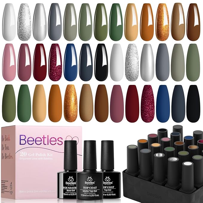 Beetles Winter Gel Nail Polish Set:23 Pcs Burgundy Brown Gold Nude Pink Black White Glitter Gel Polish Kit with Base Matte Glossy Top Coat Soak off UV Gel Nail Polish for Women